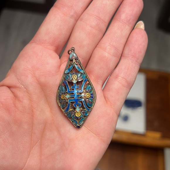 Vintage mix lot of jewelry Chinese cloisonne enamel ceramic blue white cinnabar - Picture 7 of 16